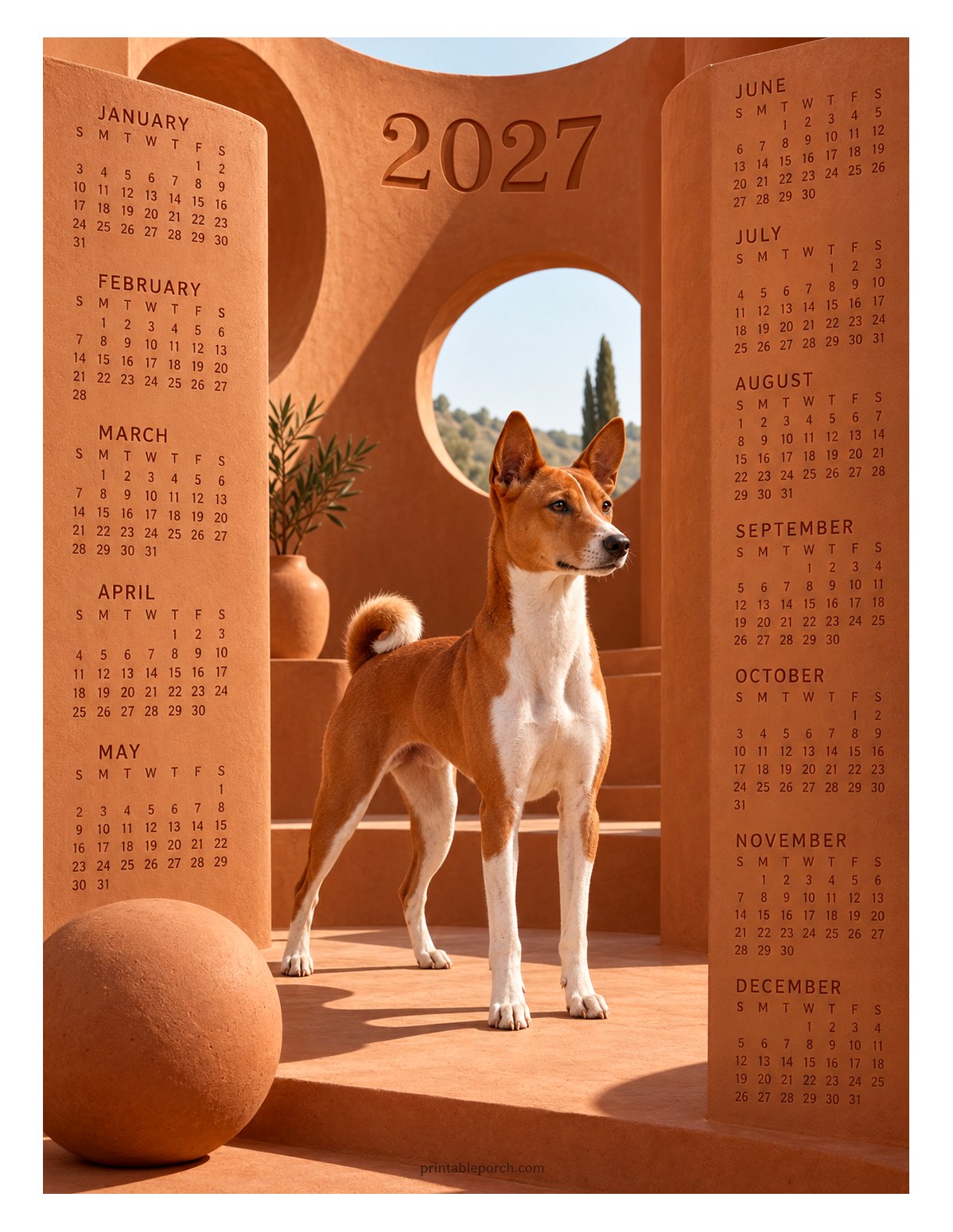 Dog 2027 Yearly Calendar - Terracotta Basenji