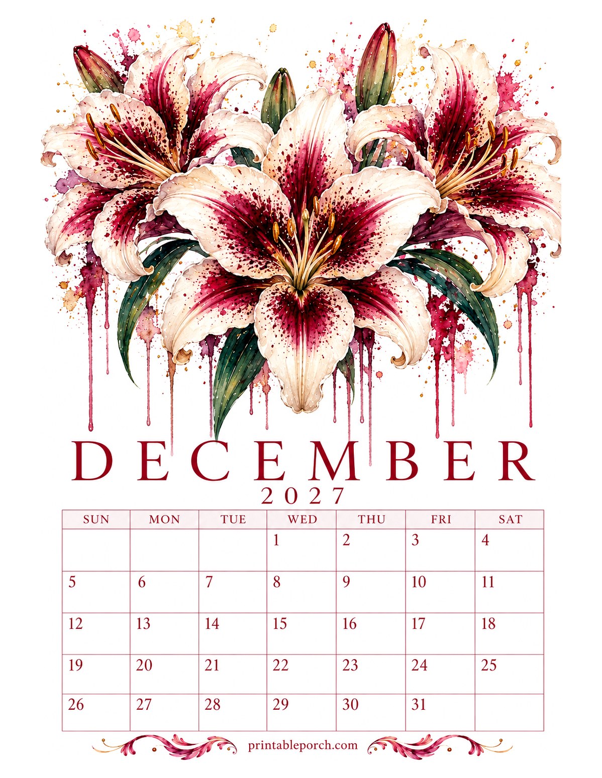 Dripping Watercolor Florals December 2027 Calendar