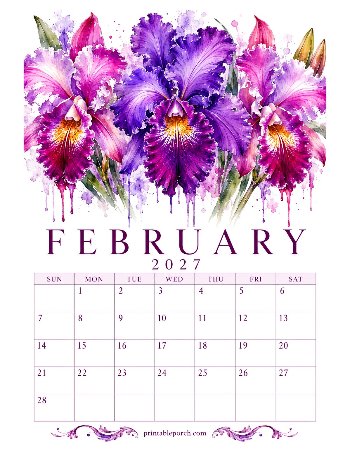 Dripping Watercolor Florals February 2027 Calendar