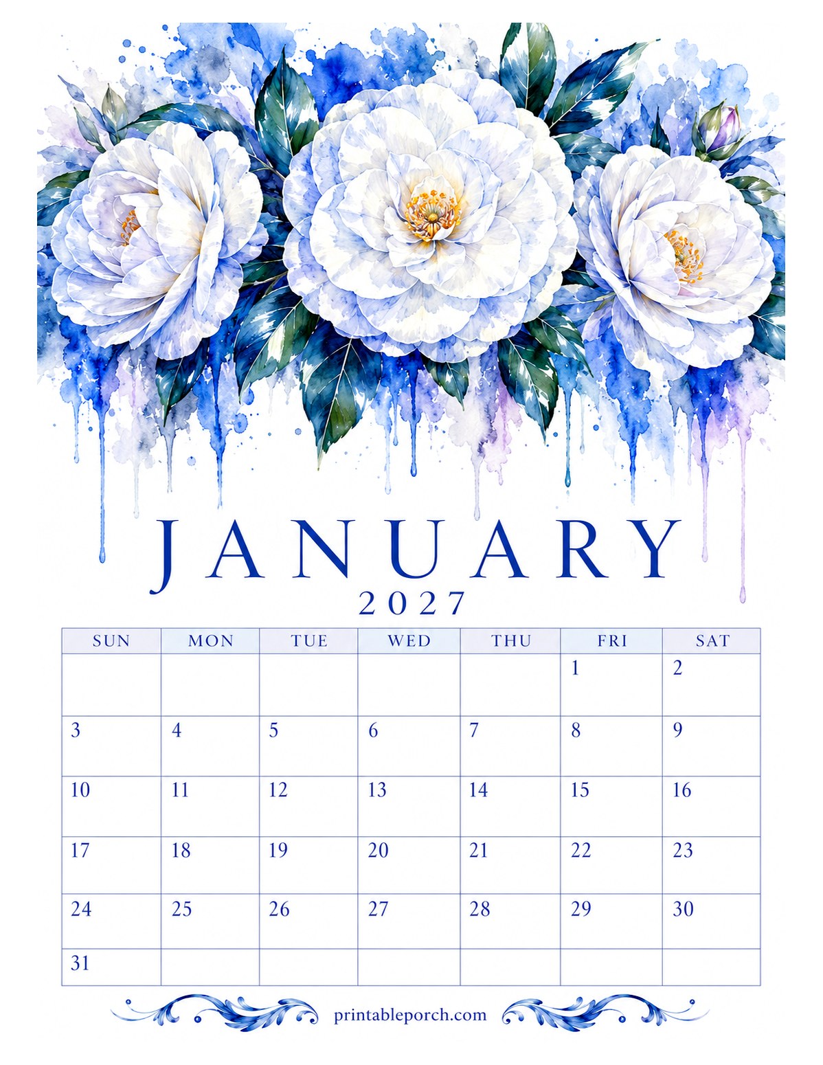 Dripping Watercolor Florals January 2027 Calendar