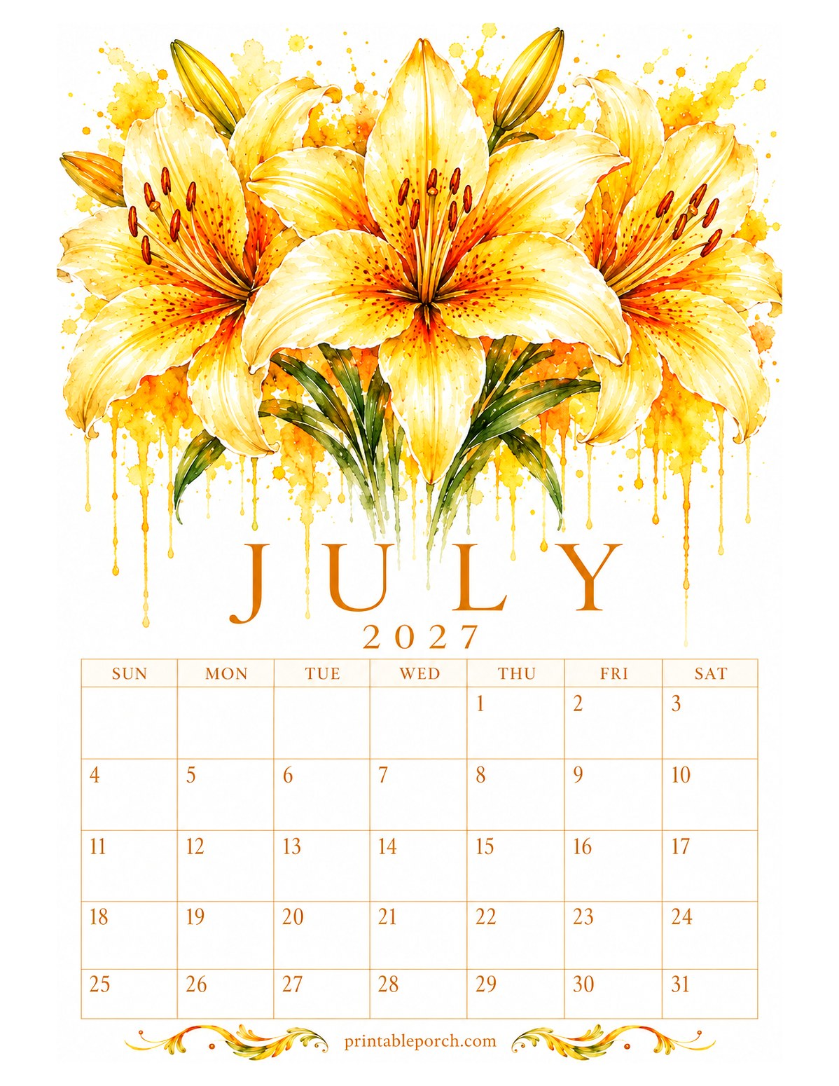 Dripping Watercolor Florals July 2027 Calendar
