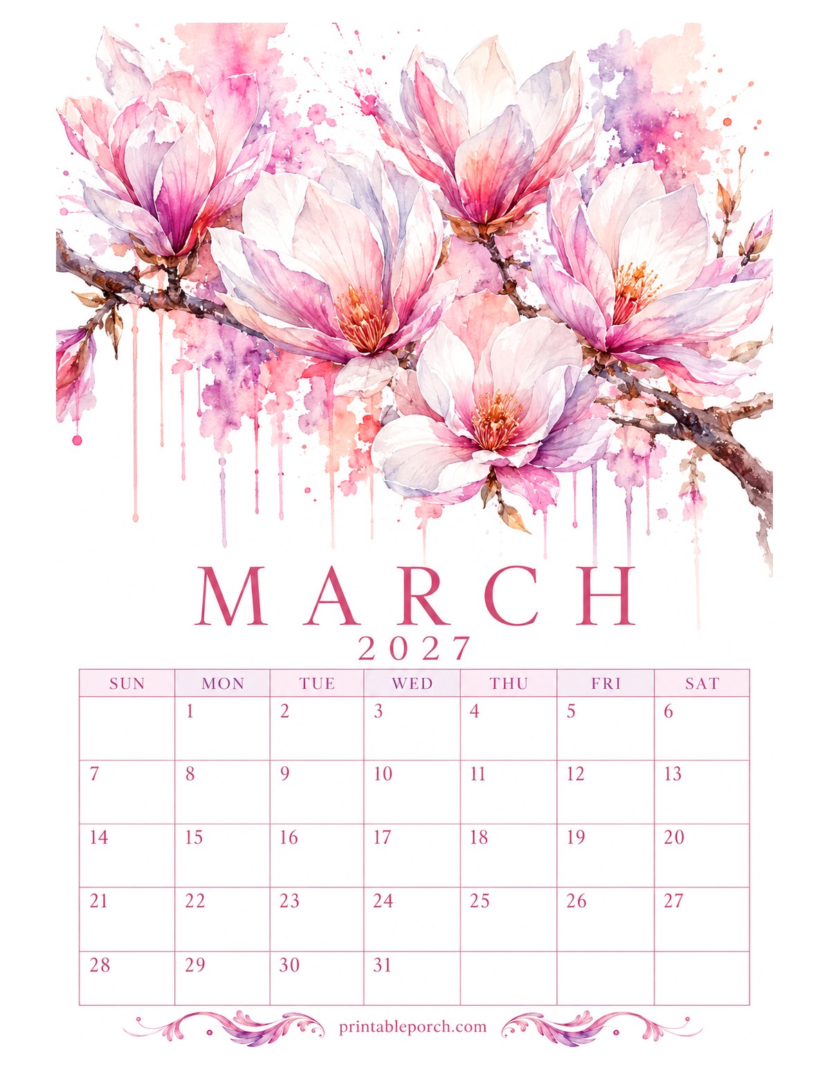 Dripping Watercolor Florals March 2027 Calendar