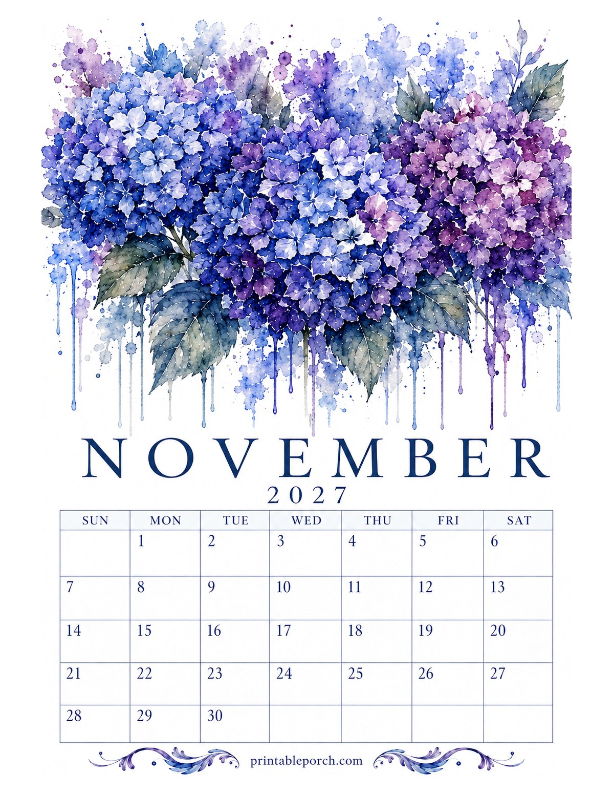 Dripping Watercolor Florals November 2027 Calendar