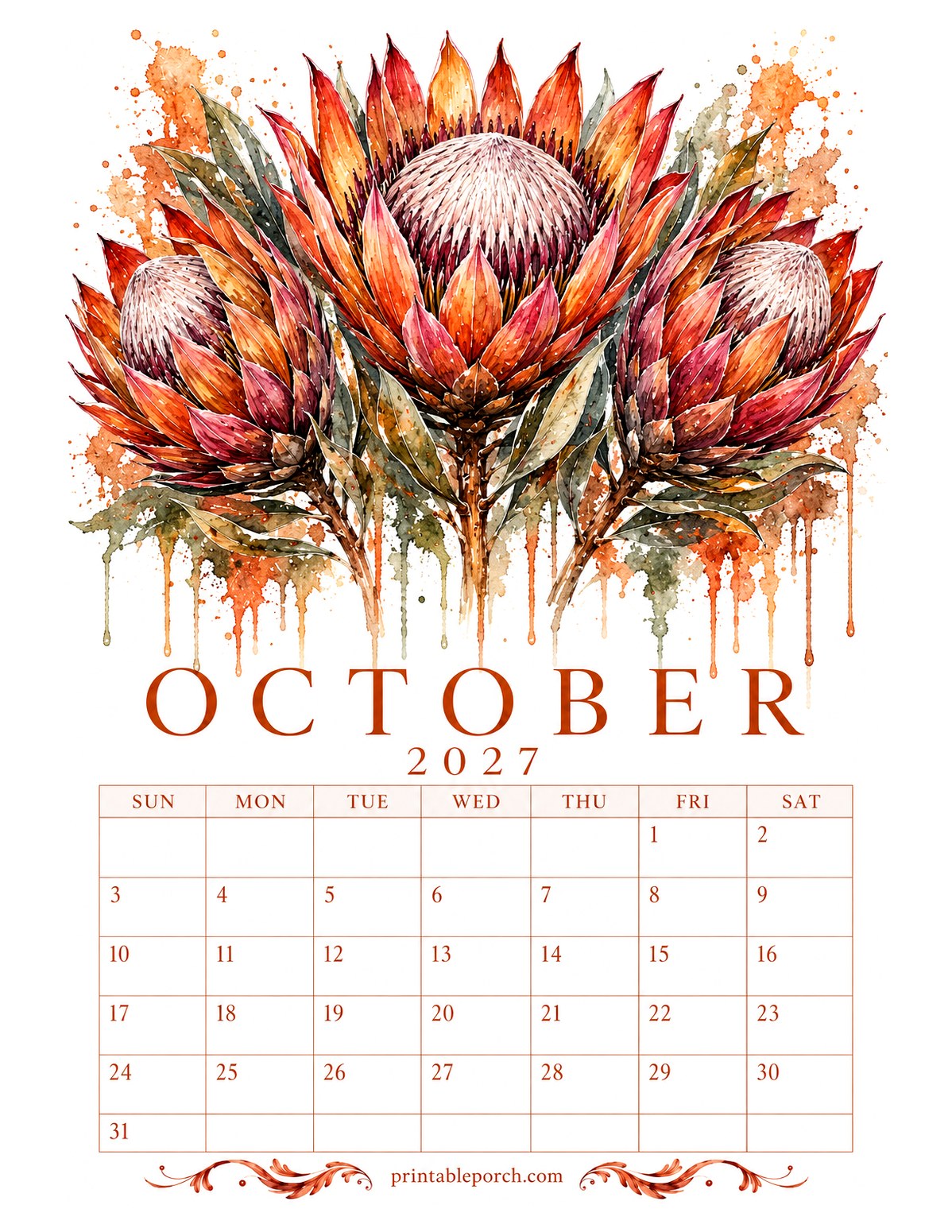 Dripping Watercolor Florals October 2027 Calendar