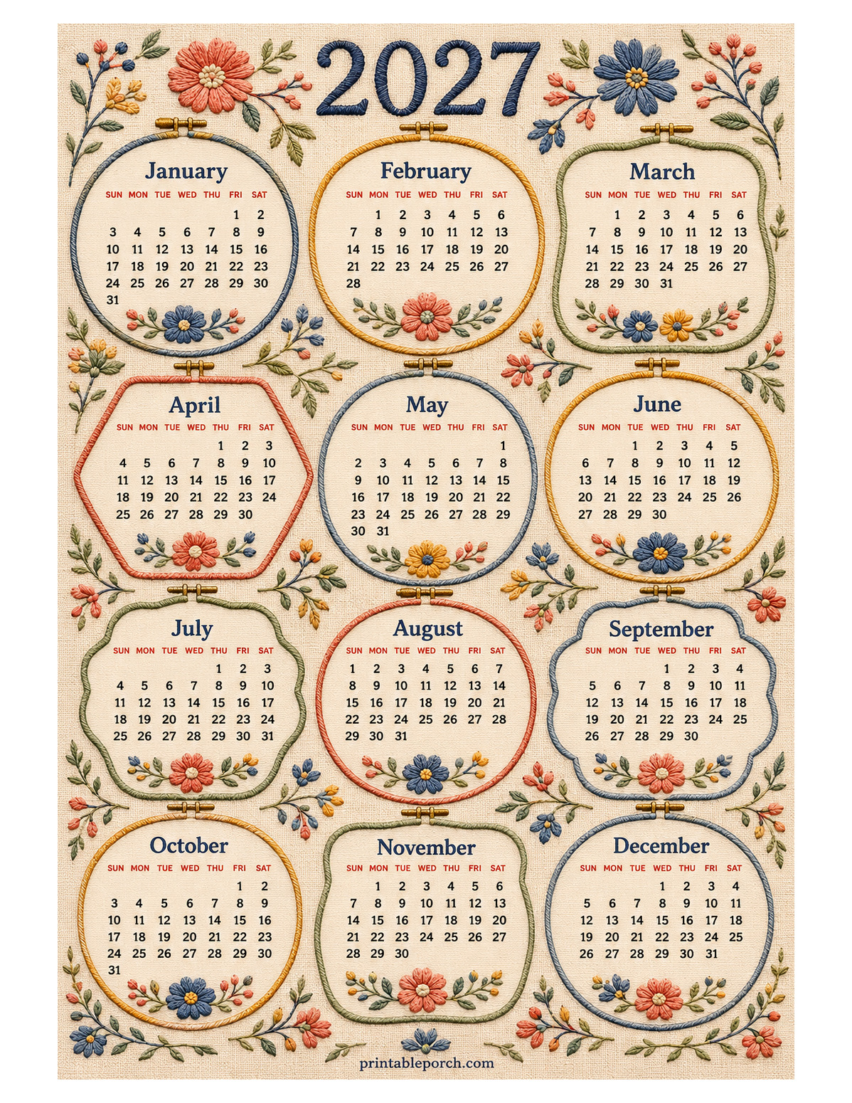 Embroidery Hoops 2027 Yearly Calendar
