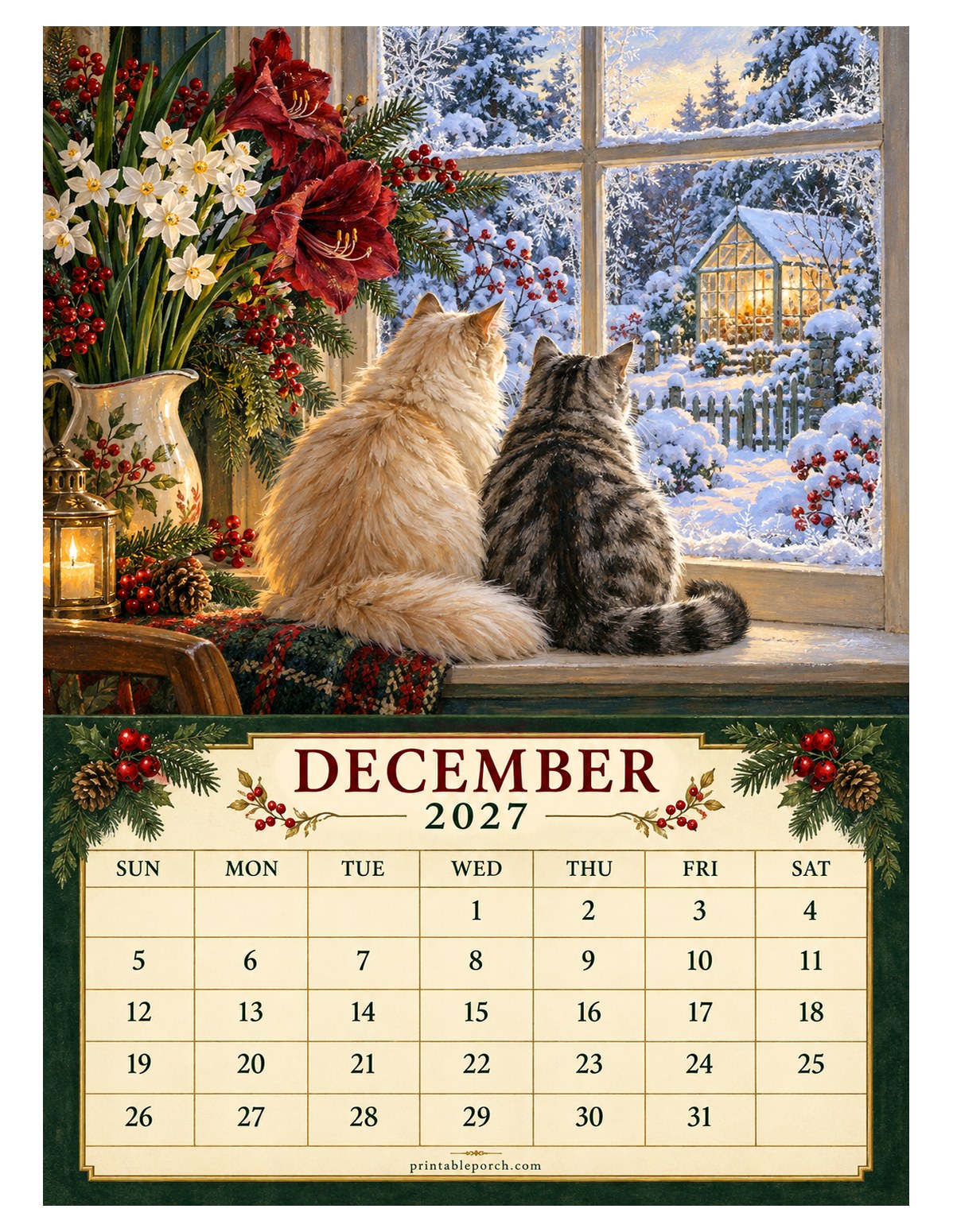 Farmhouse Cats December 2027 Calendar