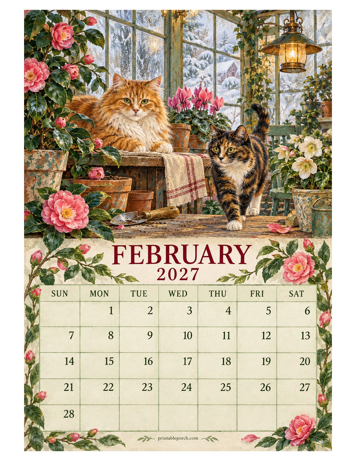 Farmhouse Cats February 2027 Calendar