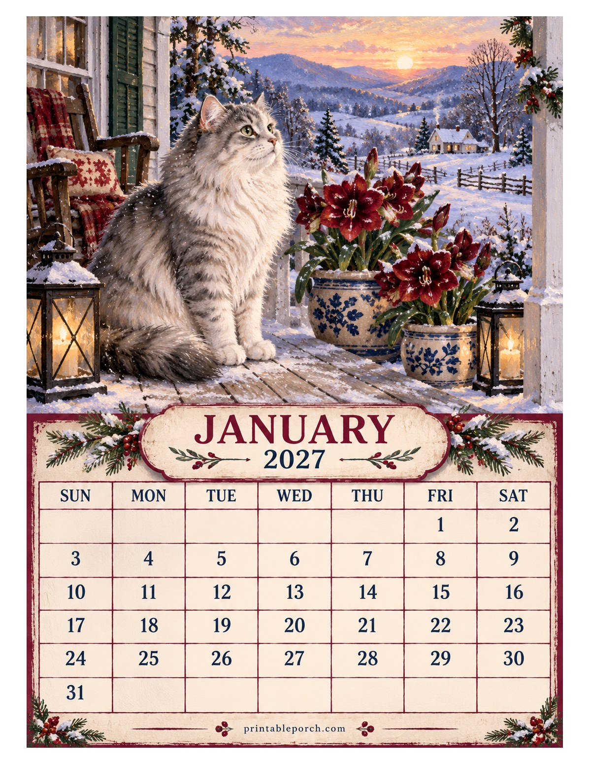 Farmhouse Cats January 2027 Calendar