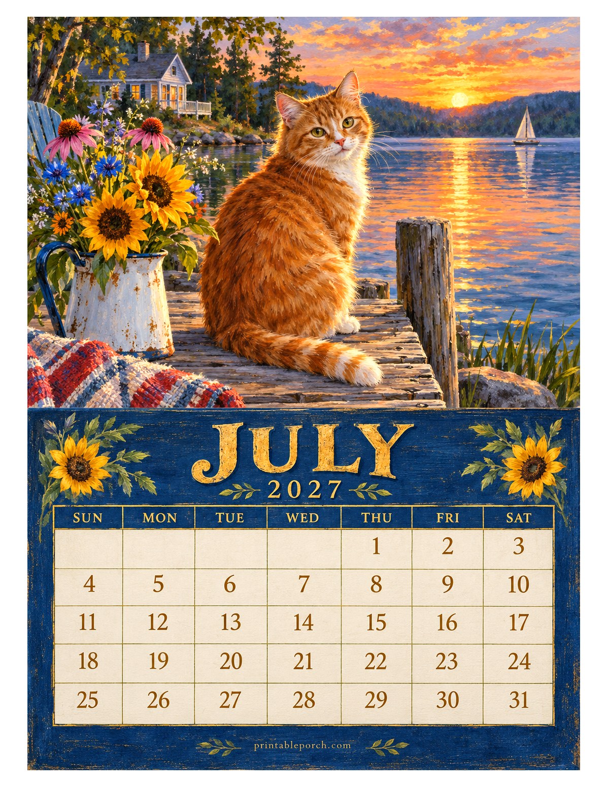 Farmhouse Cats July 2027 Calendar