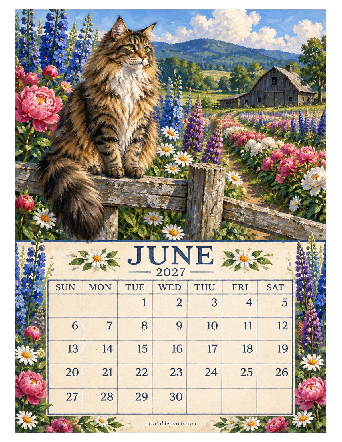 Farmhouse Cats June 2027 Calendar