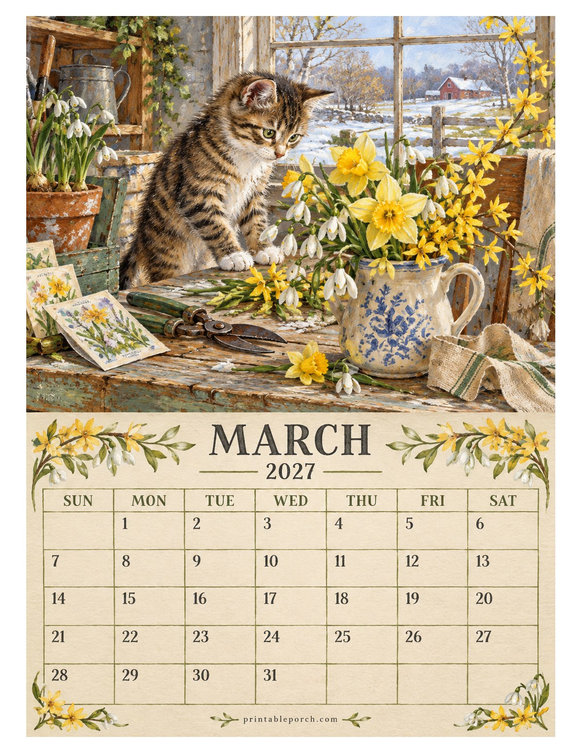 Farmhouse Cats March 2027 Calendar