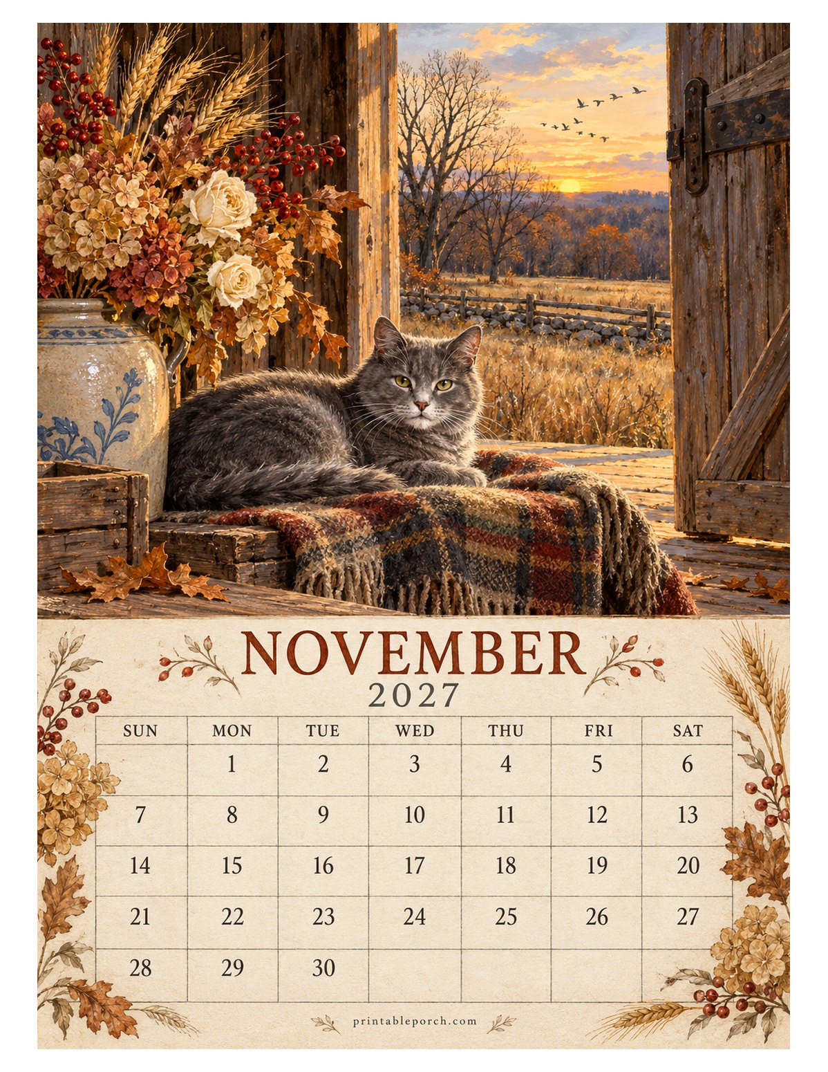 Farmhouse Cats November 2027 Calendar