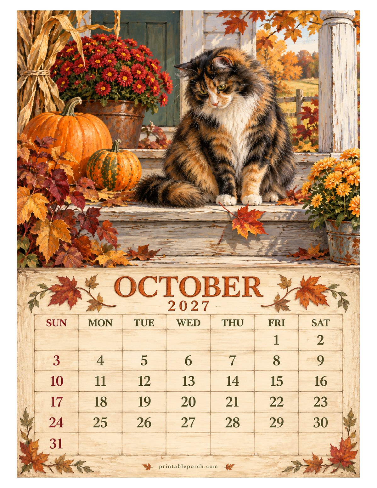 Farmhouse Cats October 2027 Calendar