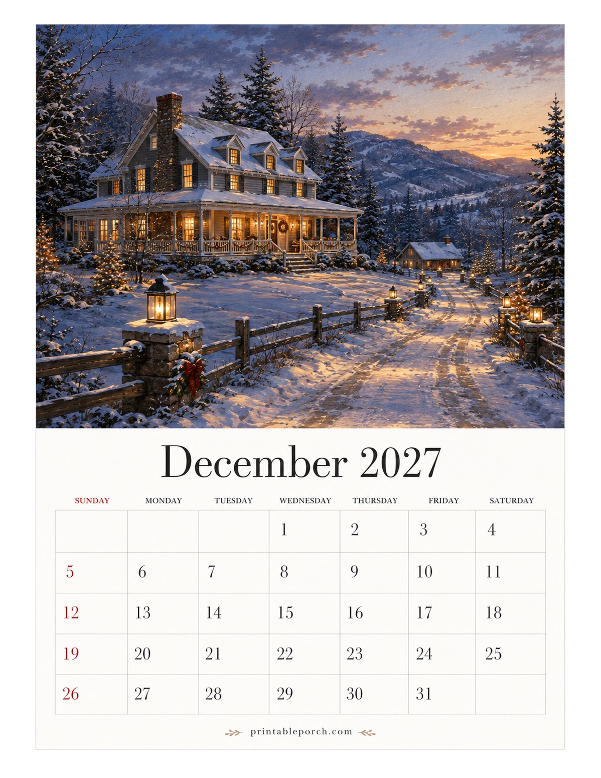 Farmhouse Seasons December 2027 Calendar