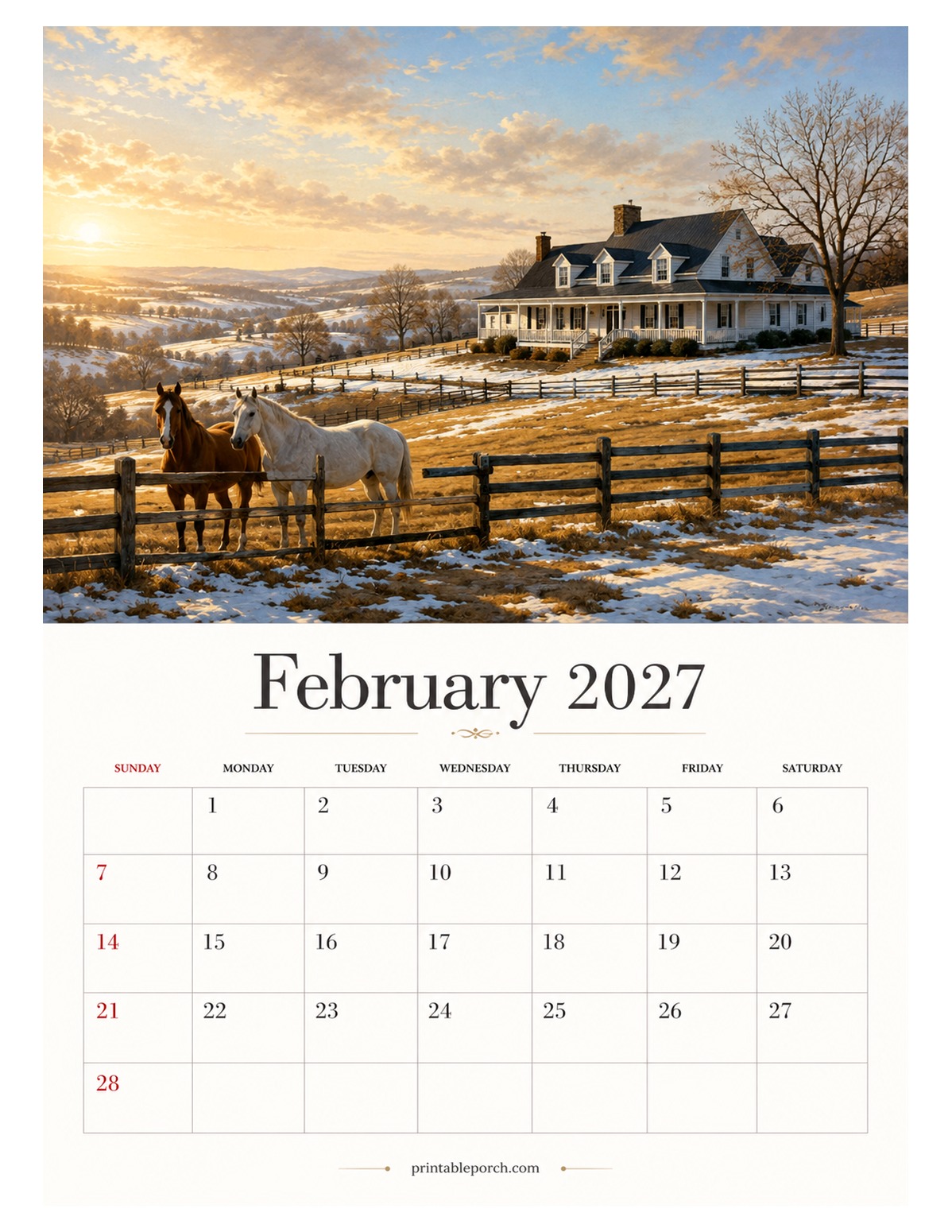 Farmhouse Seasons February 2027 Calendar