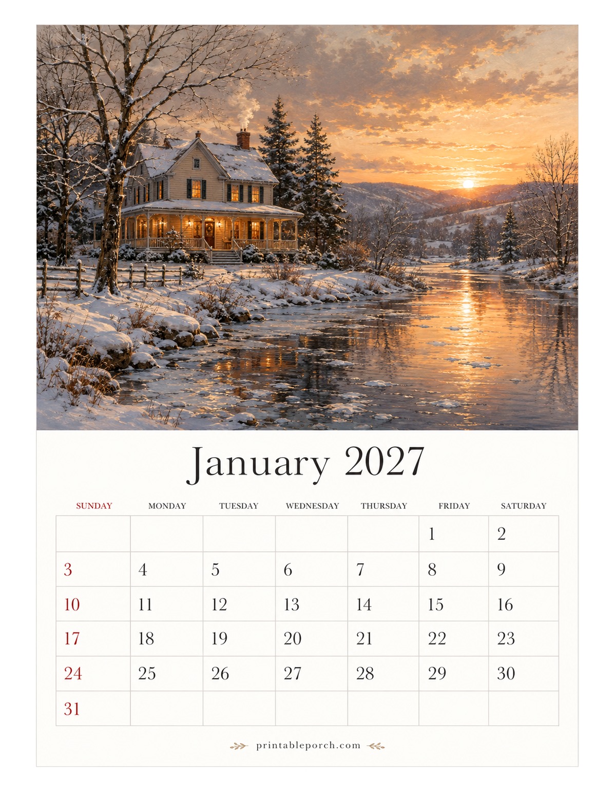 Farmhouse Seasons January 2027 Calendar