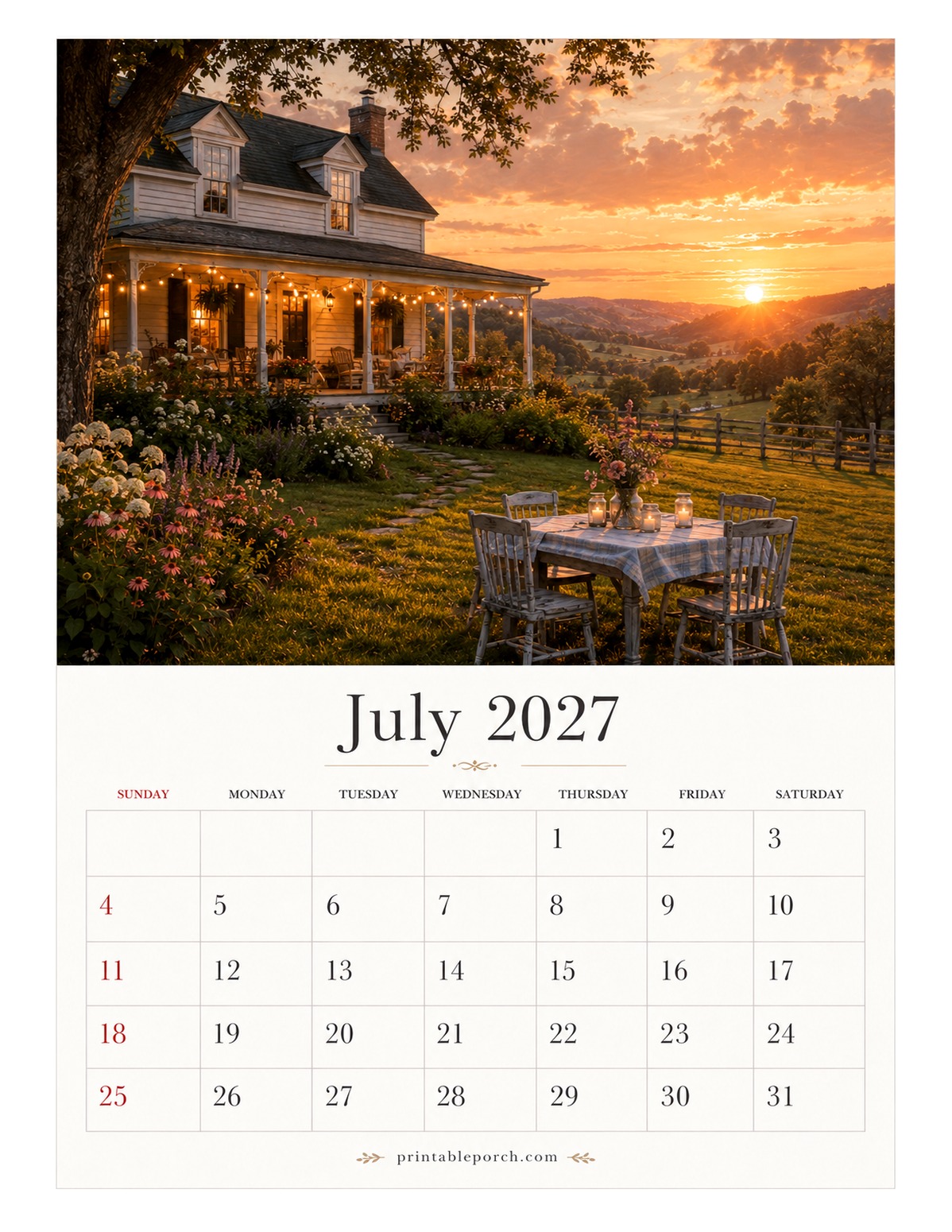 Farmhouse Seasons July 2027 Calendar