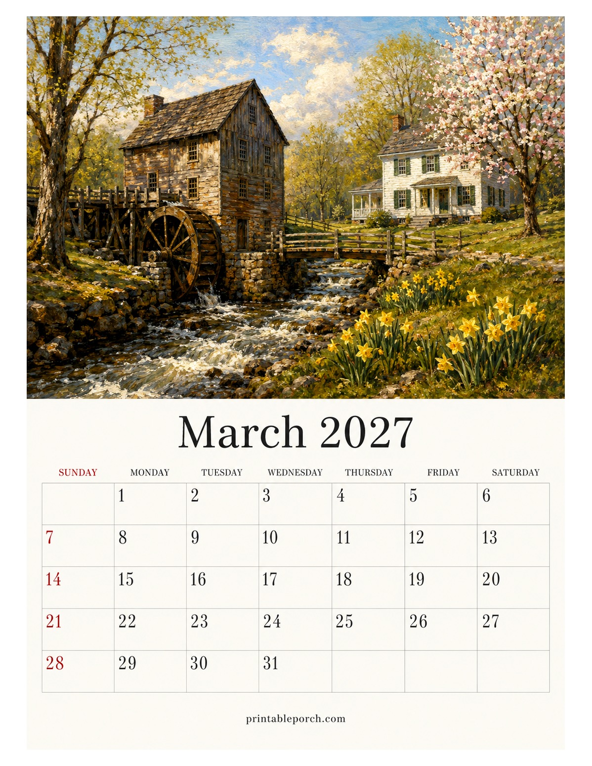 Farmhouse Seasons March 2027 Calendar