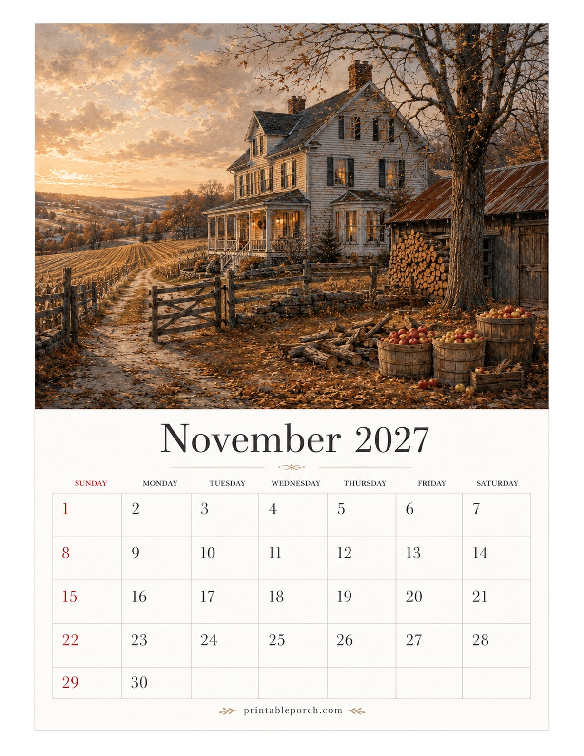 Farmhouse Seasons November 2027 Calendar