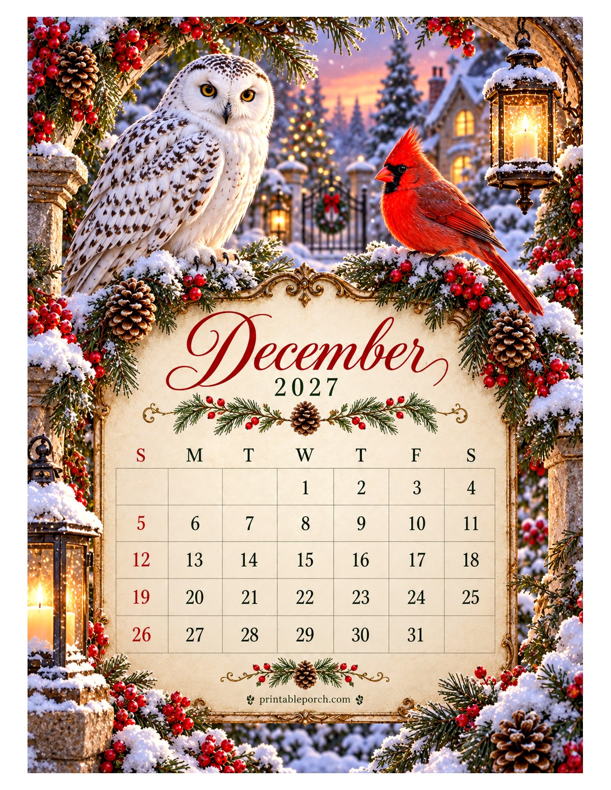 Feathered Pairs December 2027 Calendar