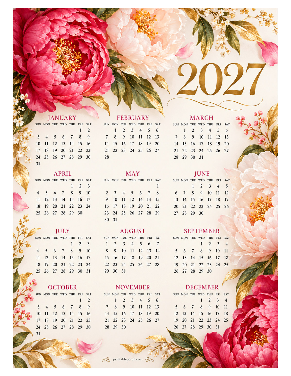 Flower 2027 Yearly Calendar - Gilded Peonies