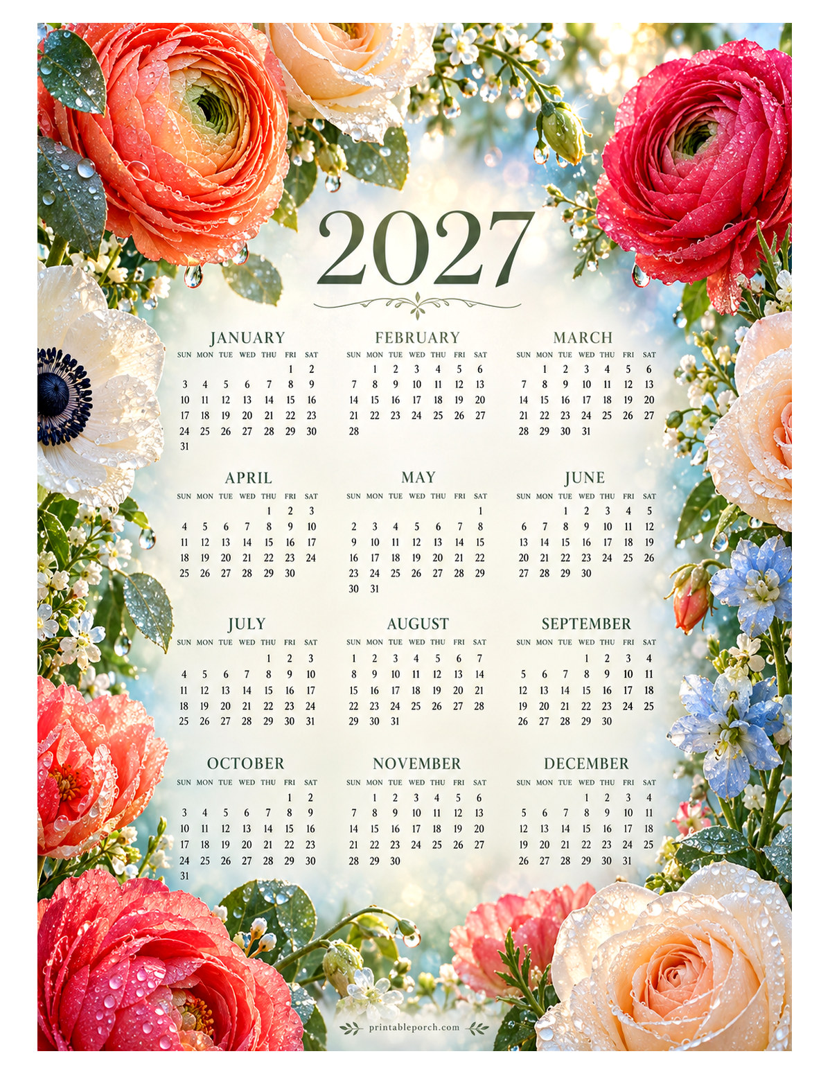 Flower 2027 Yearly Calendar - Morning Dew