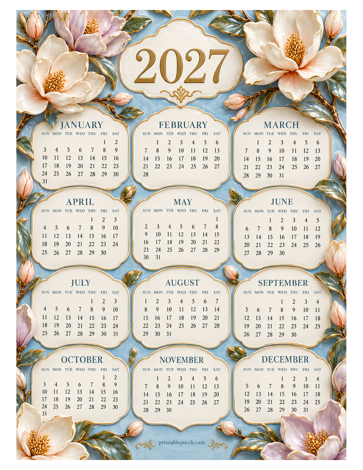 Flower 2027 Yearly Calendar - Porcelain Magnolias