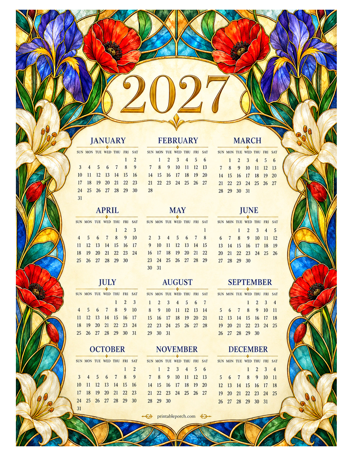 Flower 2027 Yearly Calendar - Stained Glass Poppies