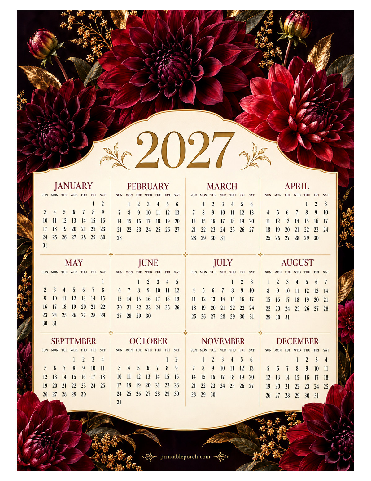 Flower 2027 Yearly Calendar - Velvet Dahlias
