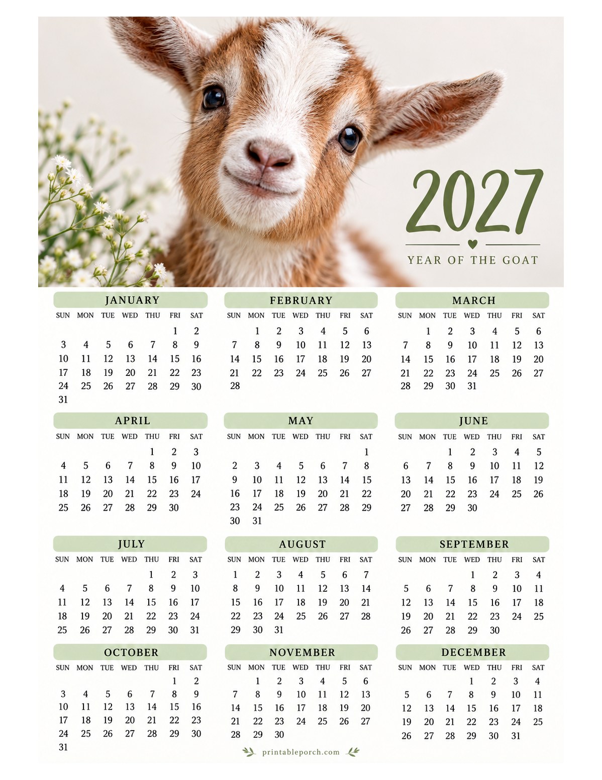 Goat 2027 Yearly Calendar - Baby's Breath