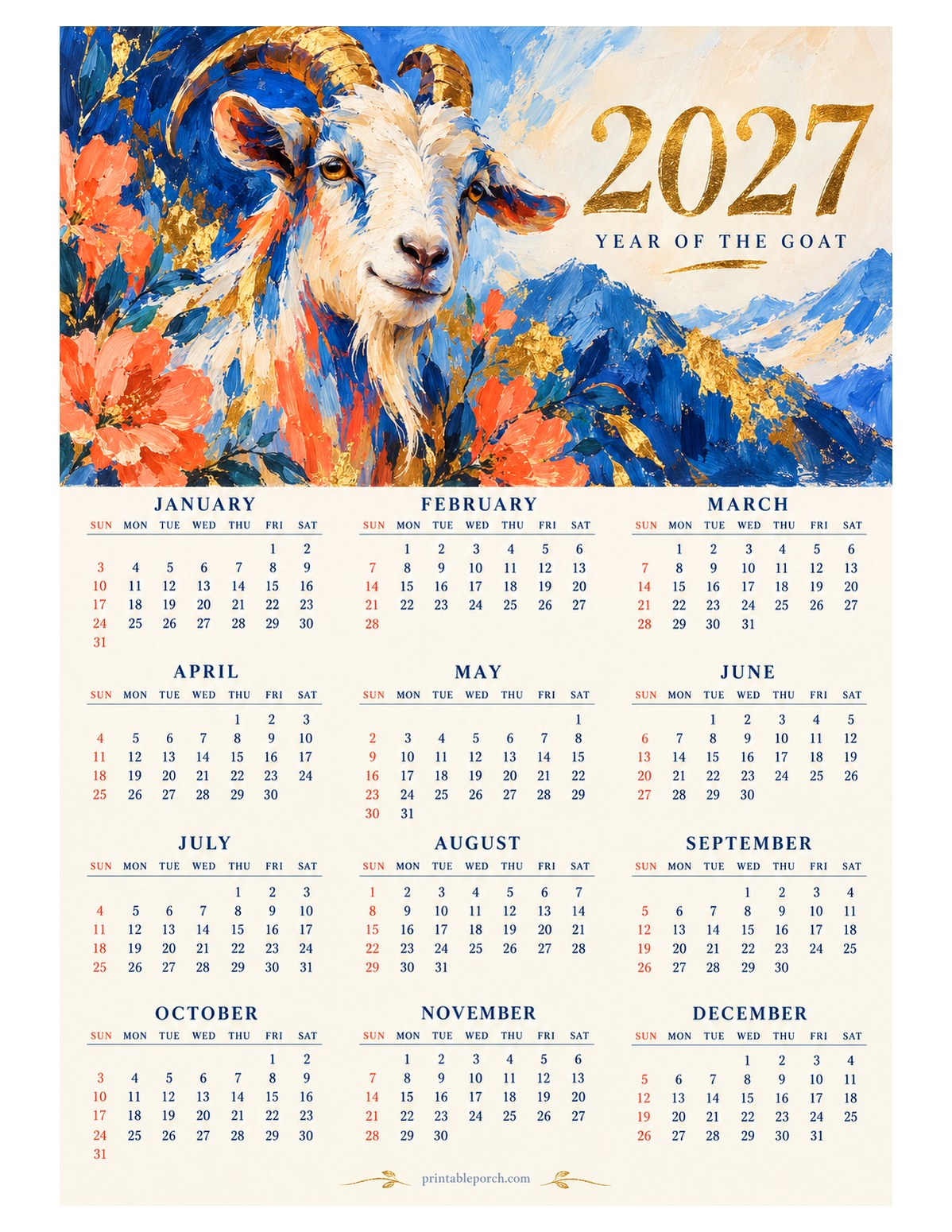 Goat 2027 Yearly Calendar - Blue and Coral