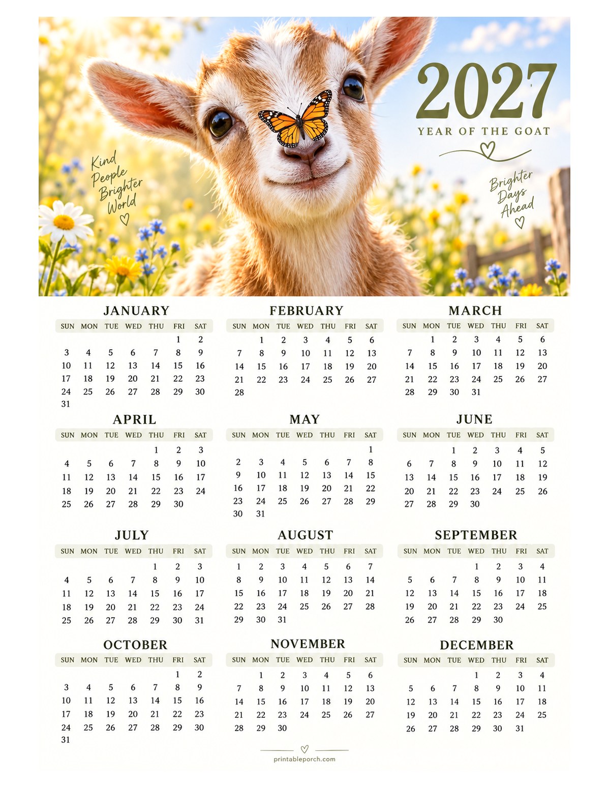 Goat 2027 Yearly Calendar - Butterfly Kiss