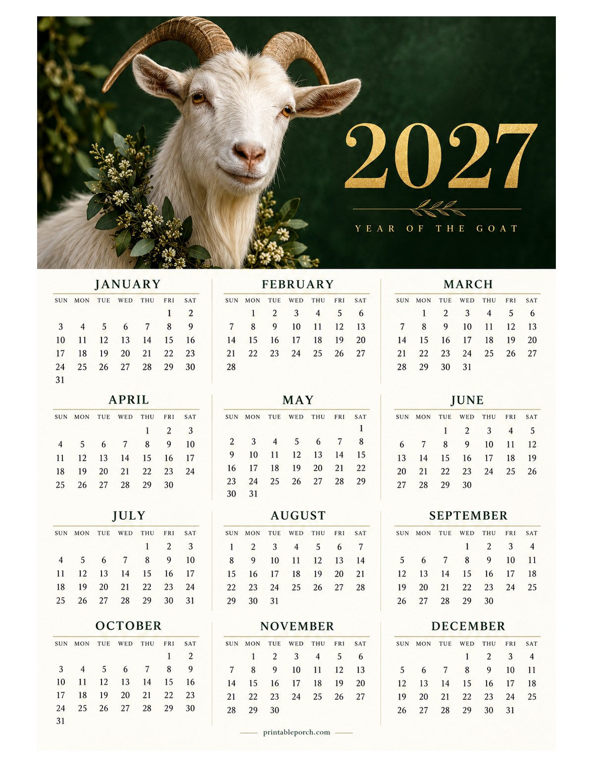 Goat 2027 Yearly Calendar - Eucalyptus Wreath
