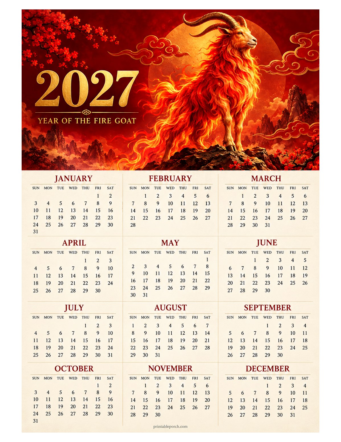 Goat 2027 Yearly Calendar - Fire Goat