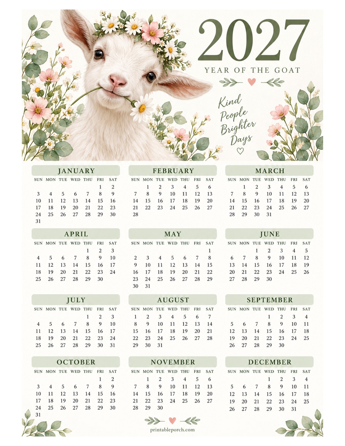 Goat 2027 Yearly Calendar - Flower Crown