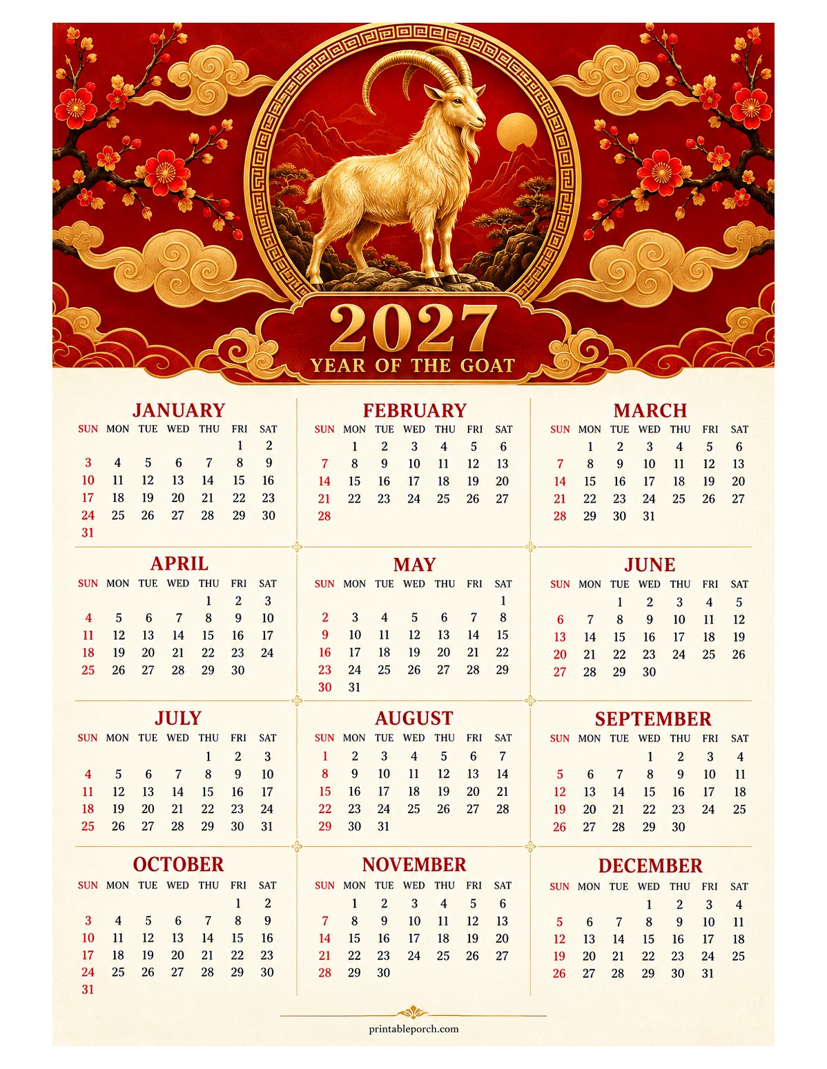 Goat 2027 Yearly Calendar - Golden Medallion