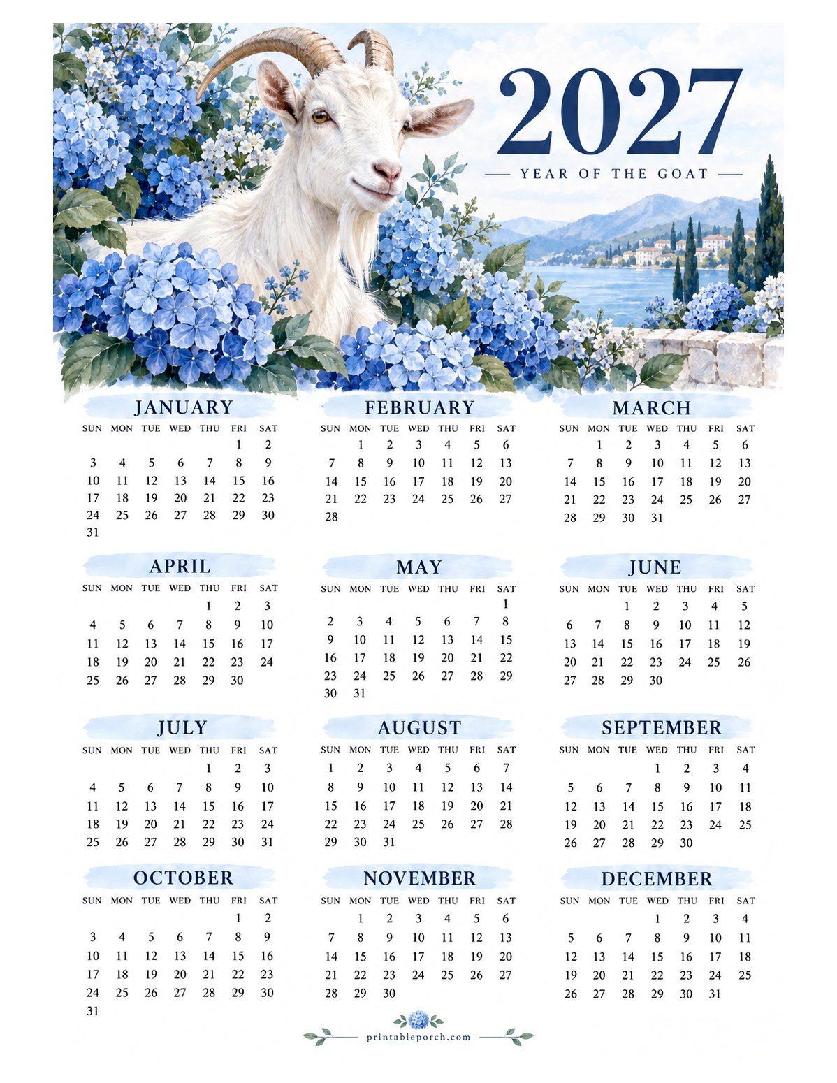 Goat 2027 Yearly Calendar - Hydrangea Lake