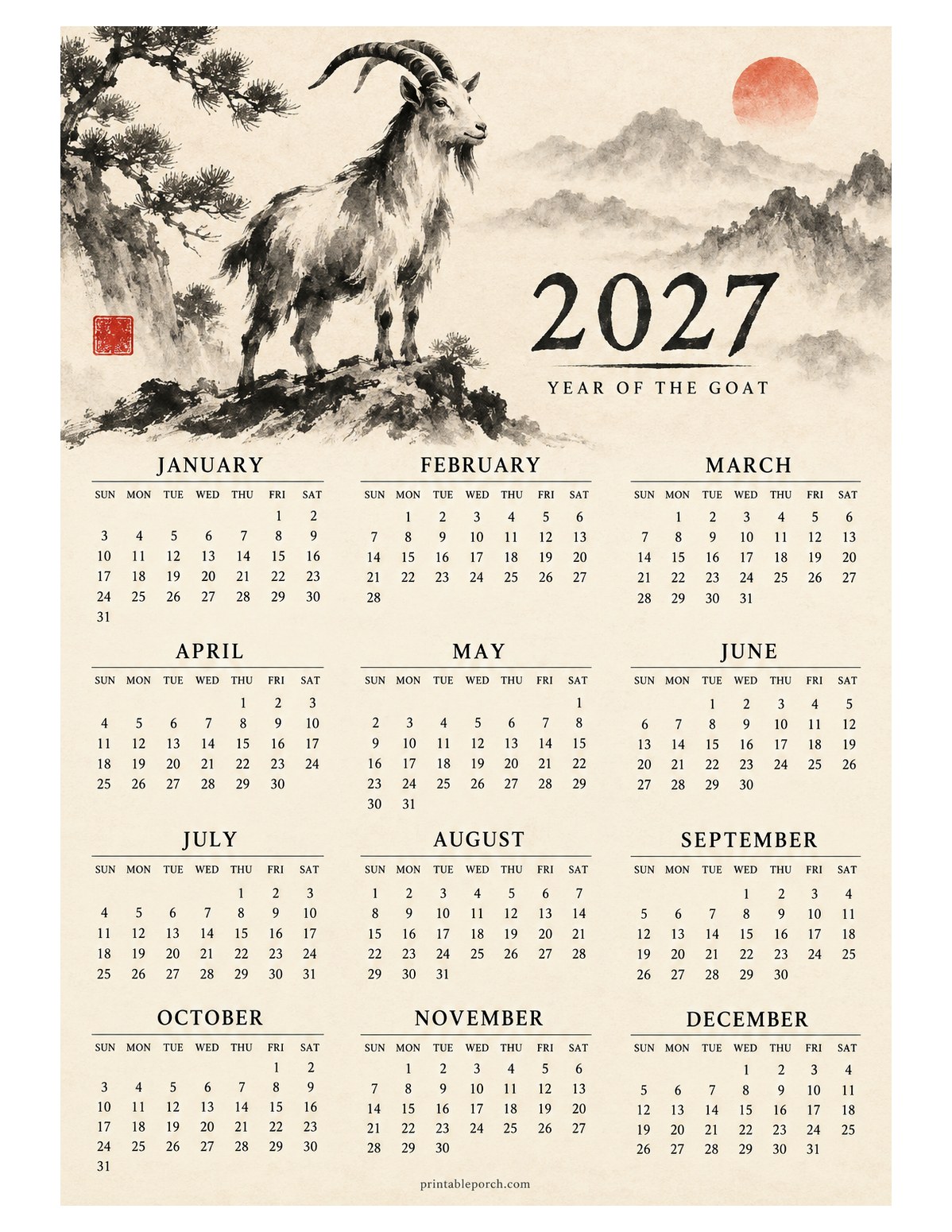 Goat 2027 Yearly Calendar - Ink Wash
