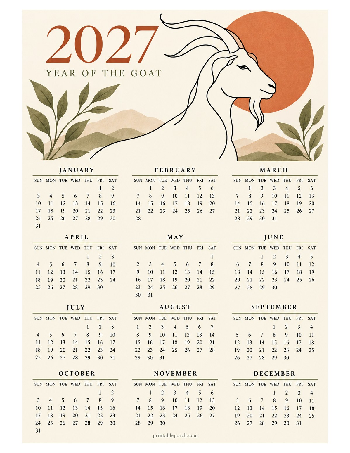 Goat 2027 Yearly Calendar - Line Art