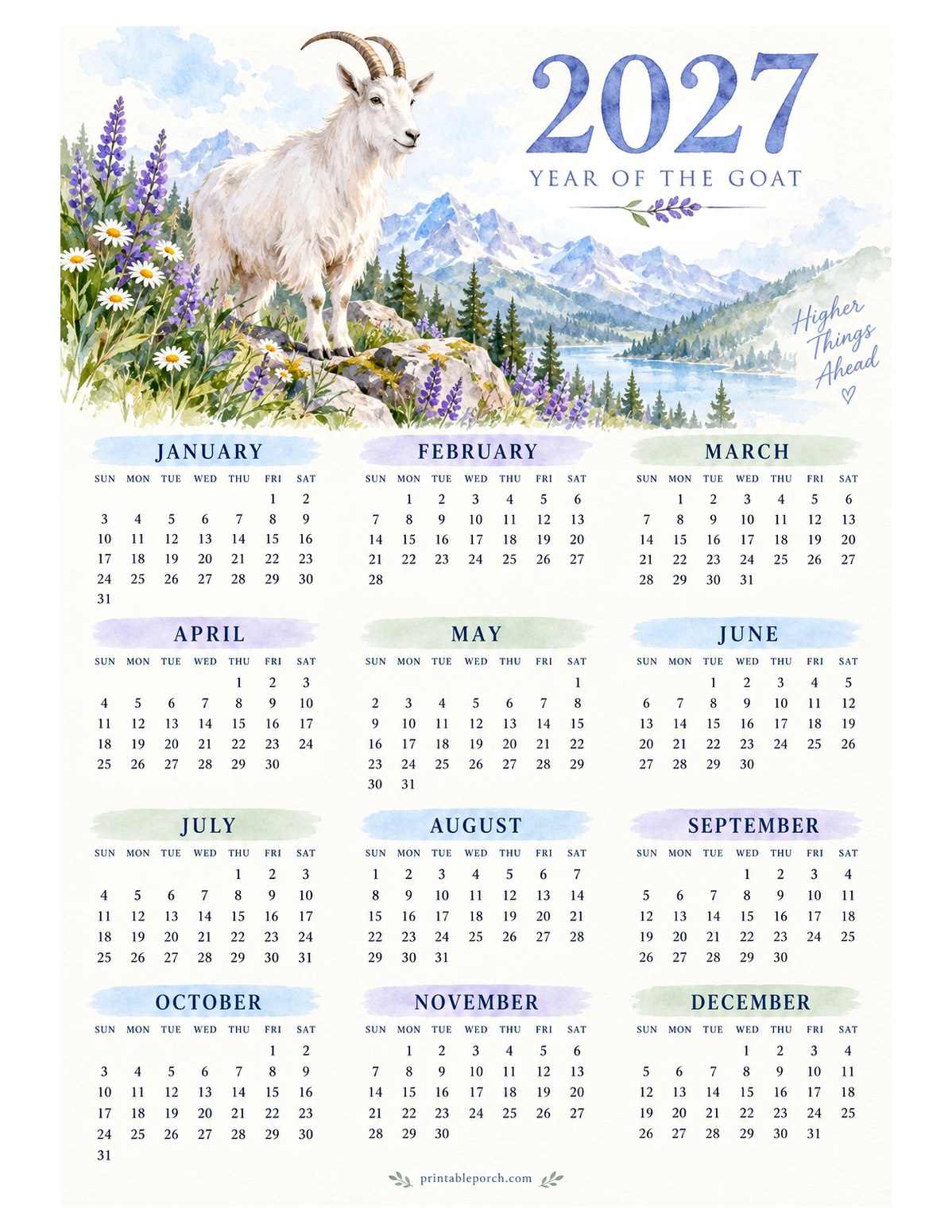 Goat 2027 Yearly Calendar - Lupine Meadow
