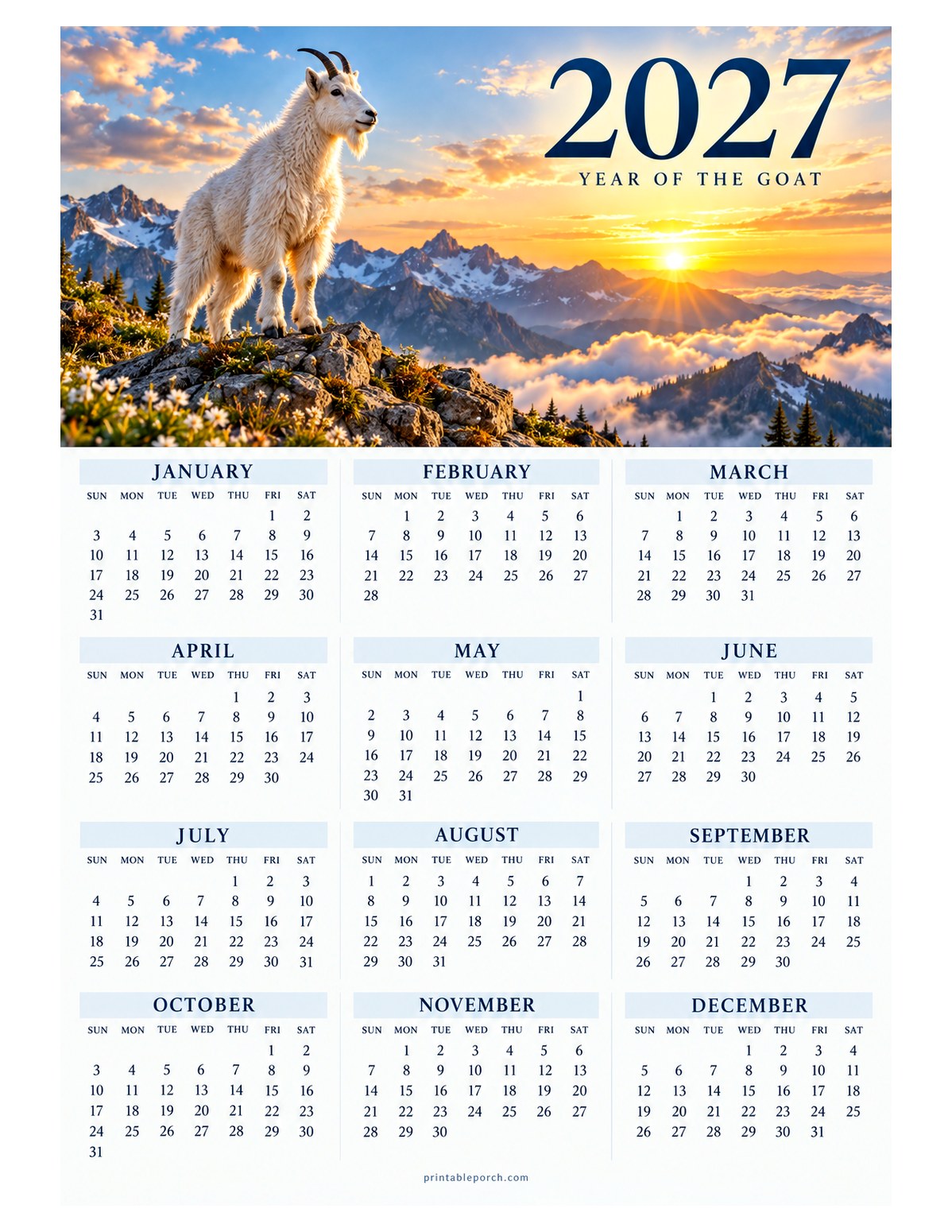 Goat 2027 Yearly Calendar - Mountain Sunrise