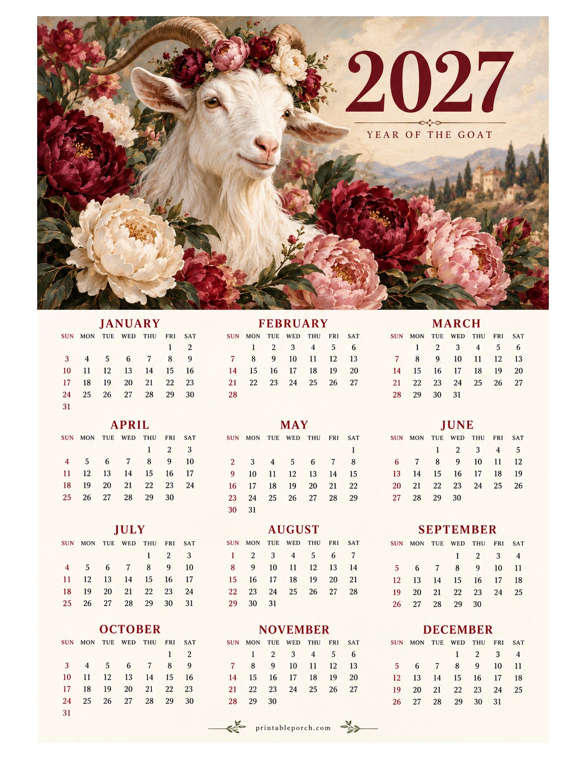 Goat 2027 Yearly Calendar - Peony Crown