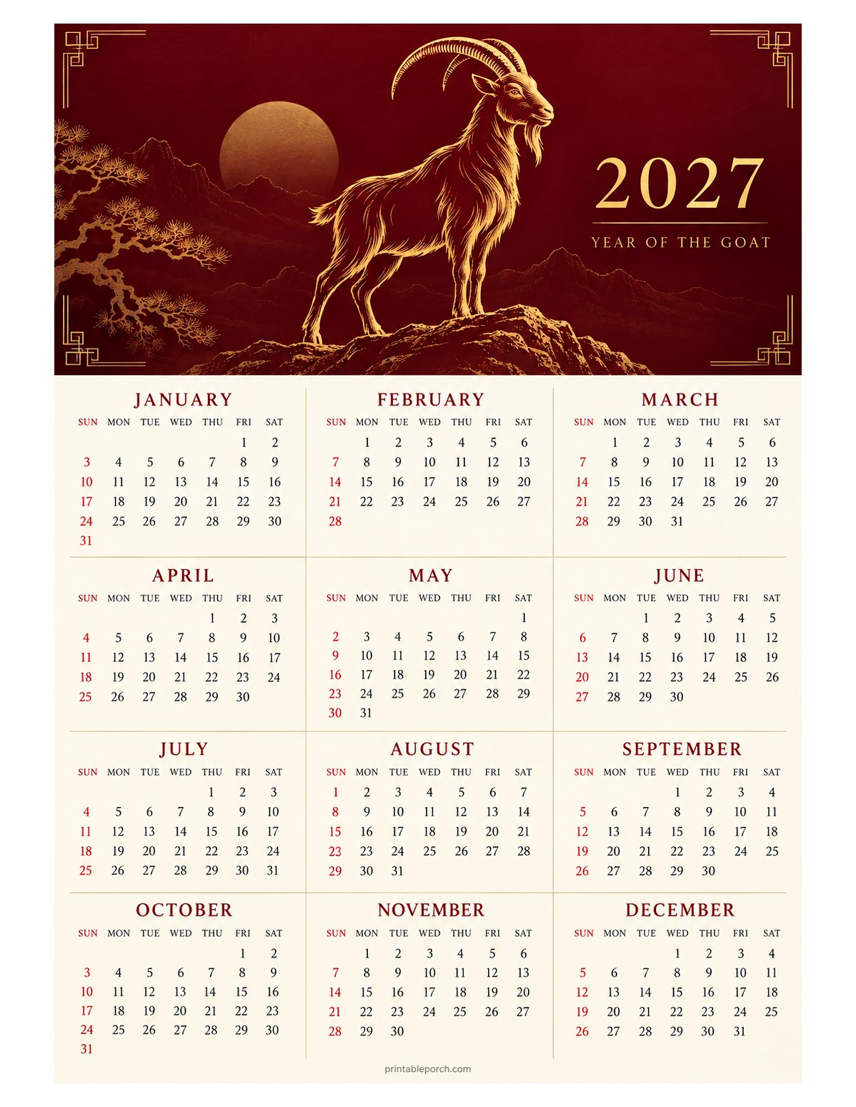 Goat 2027 Yearly Calendar - Red and Gold