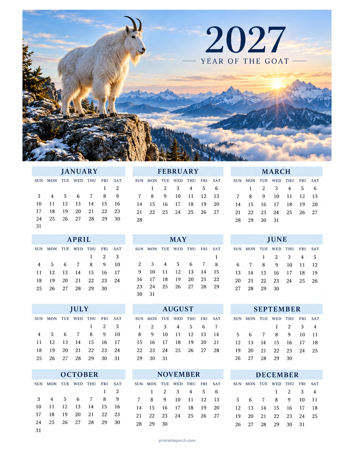 Goat 2027 Yearly Calendar - Snow Peaks