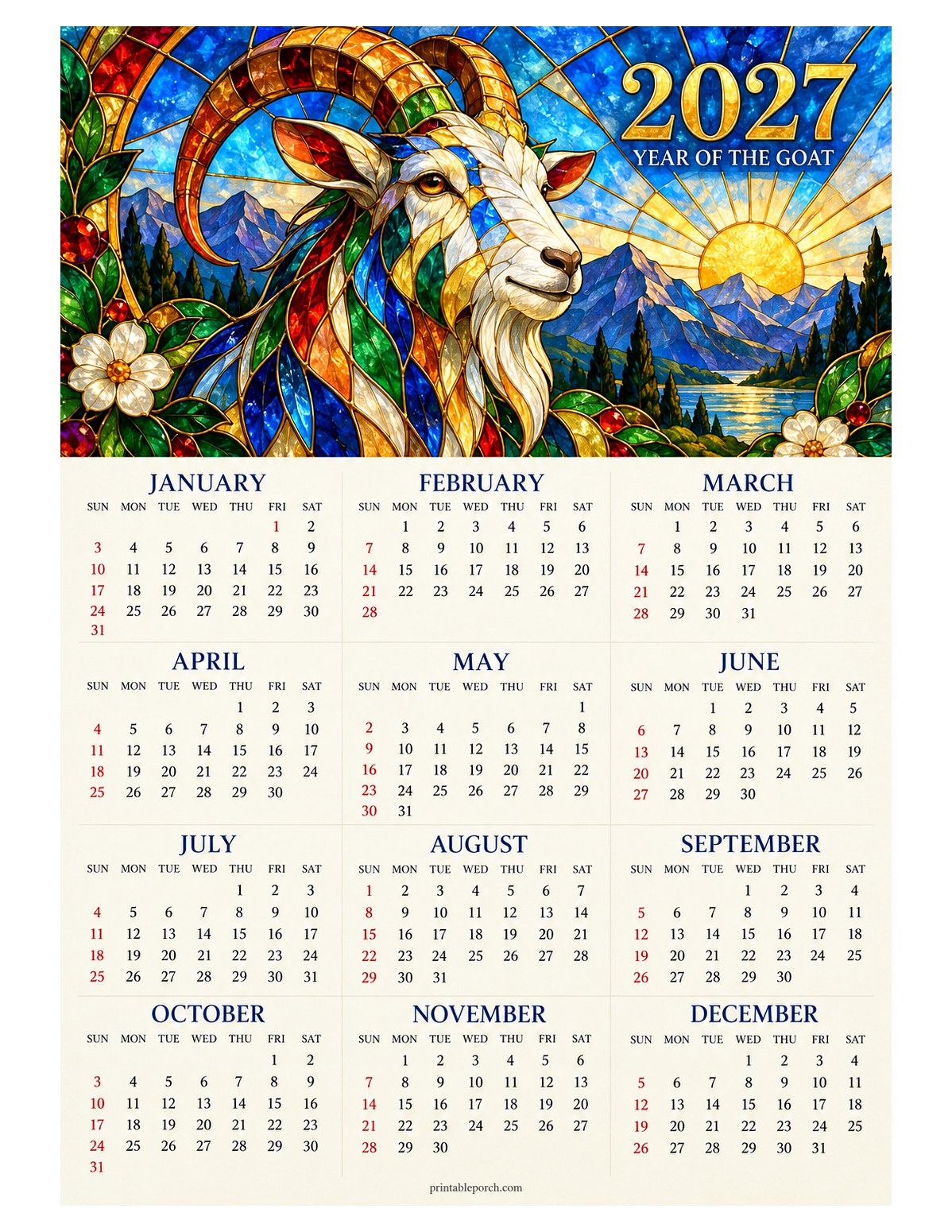 Goat 2027 Yearly Calendar - Stained Glass