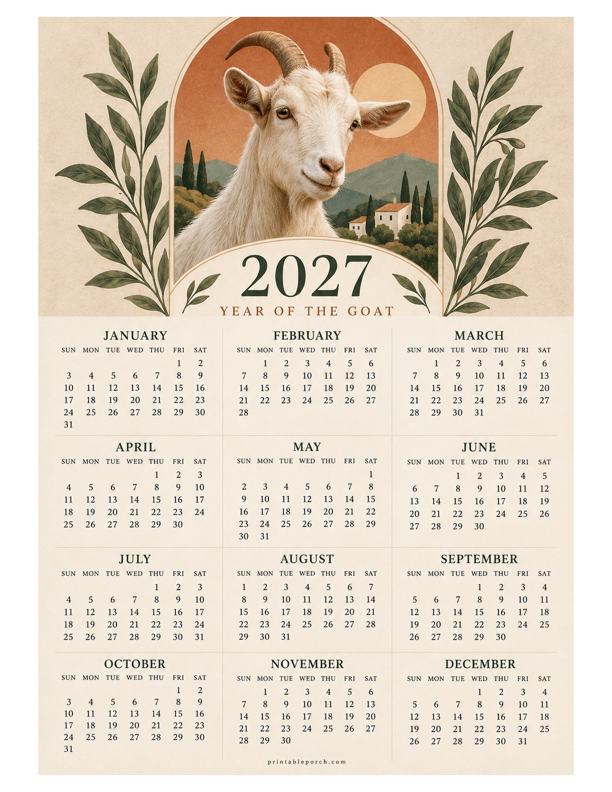 Goat 2027 Yearly Calendar - Tuscan Arch