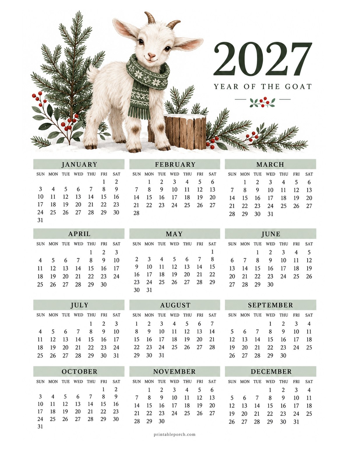 Goat 2027 Yearly Calendar - Winter Scarf