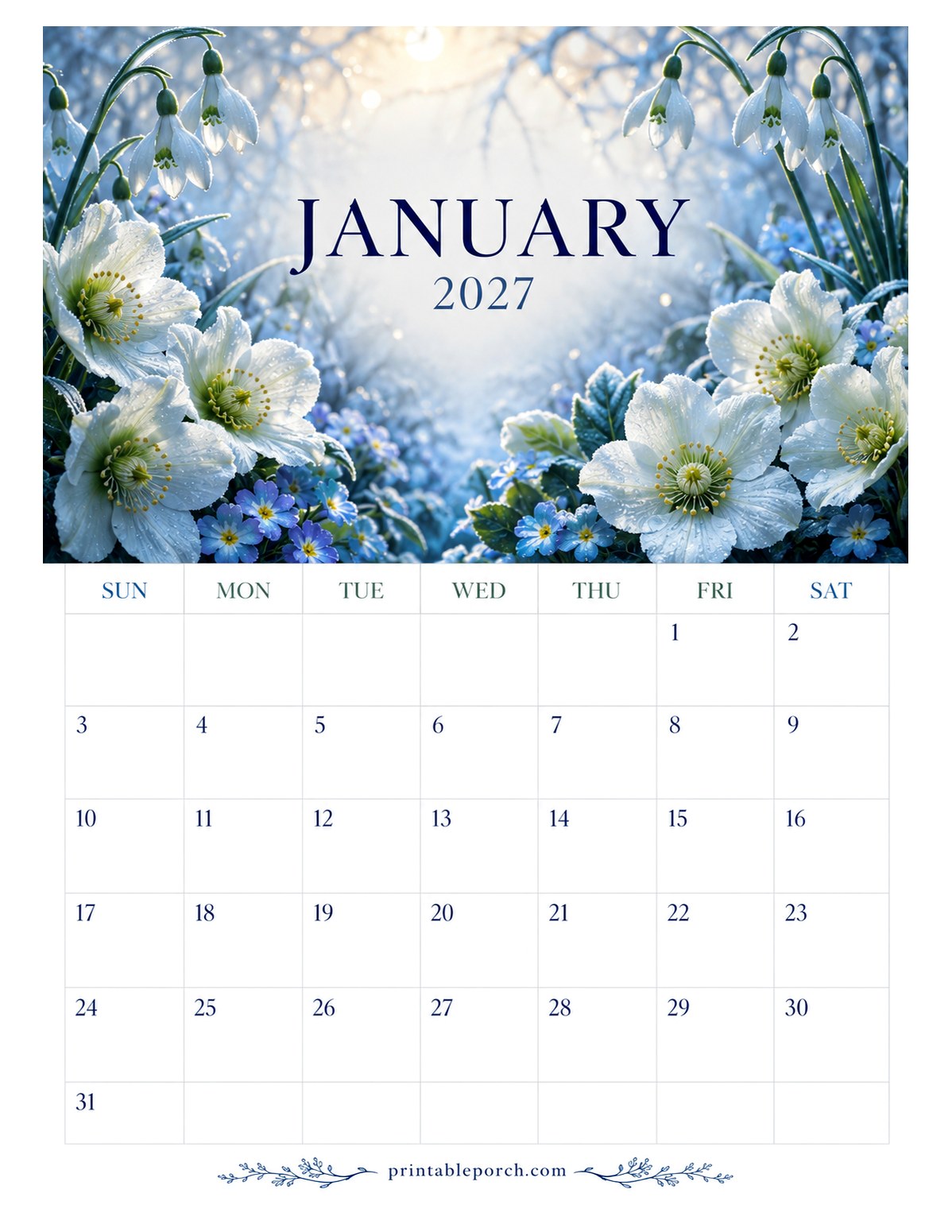 Golden Hour Gardens January 2027 Calendar