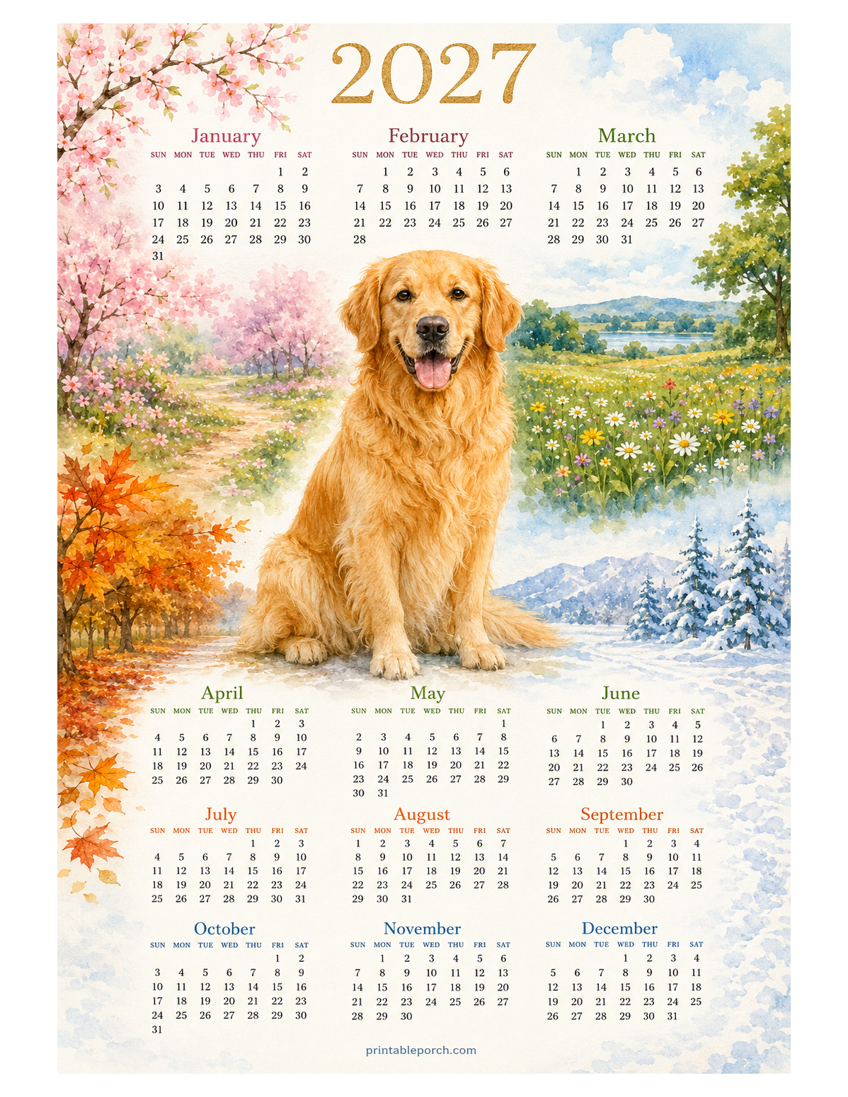 Golden Retriever Seasons 2027 Yearly Calendar