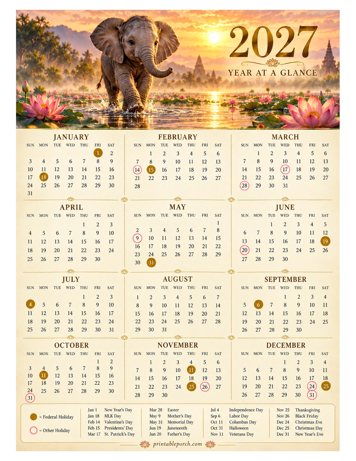 Calendar with Holidays 2027 Yearly Calendar - Baby Elephant